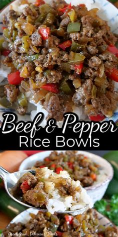 Collage of overhead shot of beef pepper rice bowl at top and closeup of spoonful of beef, pepper, and rice over bowl of more beef and pepper at bottom. Pepper Rice, Seasoned Ground Beef, Rice Bowls Recipes, Dinner With Ground Beef, Think Food, Beef Recipes Easy, Green Bell Peppers, Beef Recipes For Dinner