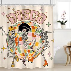 a shower curtain with two skeletons dancing around the globe and words fiesta written on it