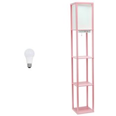 a pink shelf next to a light bulb