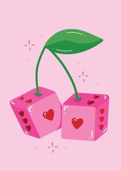 two pink cubes with hearts and a green leaf on top, against a pink background