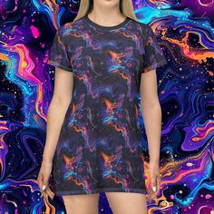 Galactic Dress, Womens T Shirt Dress, Dress Stylish, Rave Outfit, Bold Accessories, Galaxy Design, Galaxy Print, Neon Lights, Rave Outfits