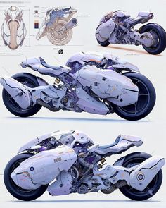 three different views of a futuristic motorcycle with wheels and suspensions on the front, rear and side