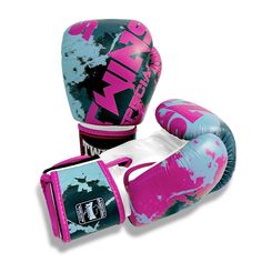 a pair of pink and blue boxing gloves