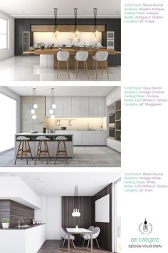 three different views of a modern kitchen and dining room with white cabinets, counter tops, and bar stools