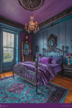 dark feminine bedroom tips, feminine room, grown woman bedroom Dark Teal And Purple Bedroom, Teal Rooms Ideas, Moody Purple Bedroom Ideas, Bedroom Color Themes, Sensual Bedroom Decor, Dark Romance Bedroom, Purple And Blue Bedroom Ideas, Purple Rooms Bedroom, Dark Cozy Bedroom Ideas Romantic