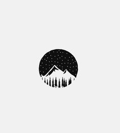 a black and white image of mountains with stars in the sky over them, surrounded by pine trees