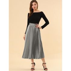 Accordion pleats enhance the dimension and movement of this midi skirt, while the metallic design underscores its sleek style. It's pleated all around for this trending midi skirt. Feel free to pair it with black block-heel sandals. Whether you're dressing up or down, this skirt is perfect for any occasion. A casual and simple style, never out of fashion, is a must-have item in your wardrobe. This fashionable and trendy clothes for women can not only be worn daily, but can also be easily matched Metallic Lined Flared Skirt, Fall Party Midi-length Bottoms, Pleated Party Skirt, Metallic Flared Skirt For Night Out, Metallic Flared Skirt For Spring, Flared Pleated Skirt With Accordion Pleats For Party, Spring Metallic Flared Skirt, Flared Accordion Pleated Skirt For Party, Fall Party Midi-length Skirt