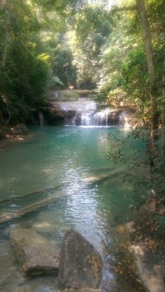 a small waterfall in the middle of a forest