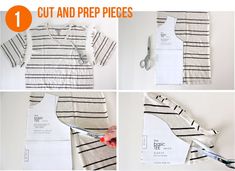 the instructions to make a striped shirt with scissors and cutting paper on top of it