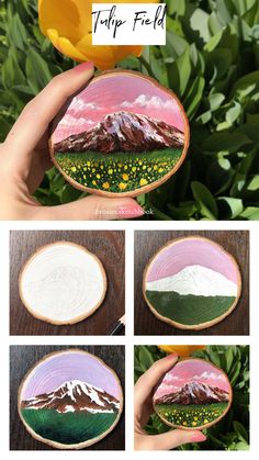 four different pictures of flowers and mountains painted on wood slices with text that reads tulip field