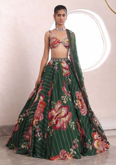 Yuna green embroidered lehenga set Modern Lehenga, Ruffled Saree, Lehenga Style Saree, Indian Bridesmaid Dresses, Floral Lehenga, Green Lehenga, Lehenga Style, Embroidered Lehenga, Indian Wedding Wear