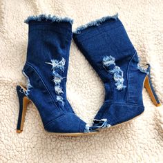 Brand New Distressed Dark Denim Booties Sz 8 Heel Height: 4 Inches Denim High Heel Boots For Spring, Medium Wash Denim Boots For Spring, Spring Medium Wash Denim Boots, Denim Shoes Outfit, Lace Knee High Boots, Fringe Cowboy Boots, Girls Black Boots, Black Lace Up Heels, Lace Up Heel Boots