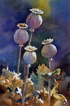 watercolor painting of three flowers with leaves in the foreground and blue sky in the background