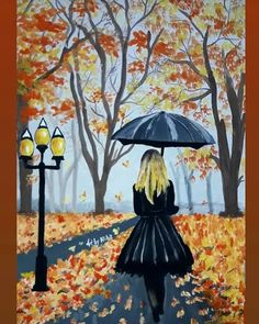 a painting of a woman with an umbrella walking down a path in the fall leaves