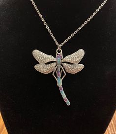 "Art Nouveau-style dragonfly pendant. Silver colored alloy base painted with resin mixed with mica powder for a shimmer effect. Come with matching 18\" chain and gift box. Beautiful statement piece! Similar can be made to order." Adjustable Metal Butterfly Necklace Gift, Adjustable Metal Butterfly Necklace For Gifts, Multicolor Adjustable Butterfly Necklace For Gift, Adjustable Multicolor Butterfly Necklace Gift, Adjustable Multicolor Butterfly Necklace For Gift, Metal Dragonfly, Rain Earrings, Dragonfly Pendant, Mica Powder