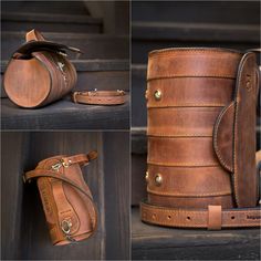 three different views of the inside of a brown leather bag with straps and buckles