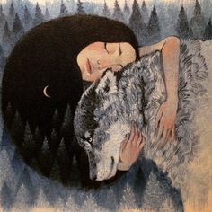 a painting of a woman hugging a wolf