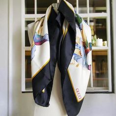 Vintage Gucci Silk Scarf | Rare Bird Design in Navy & Cream | Colorful Accents Mallards in Flight  Ivory Background with Dark Blue Framed Motif  Made in Italy  100% Silk  Hand Rolled Edges Designer Gucci Silk Scarves, Ivory Palette, Flight Patterns, Rare Birds, Chic Handbags, Luxury Accessories, Bird Design, Luxury Vintage, Luxury Fabrics