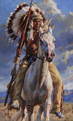 an oil painting of a native american man riding a white horse with feathers on his head