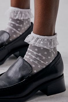 So fun and femme, these dainty socks are featured in a sheer, polka dot fabrication with sweet ruffle trim. **Fit:** Ankle length **Features:** Sheer mesh fabrication, seamed toe, polka dot pattern, ruffle trim **Why We | Only Hearts Ruffle Socks at Free People in White, Size: S/P Fitted Ruffle Socks For Spring, Spring Ruffled Fitted Socks, Spring Ruffled Socks, Summer Lace Trim Fitted Socks, Fitted Lace Trim Socks For Summer, Fitted Ruffled Socks For Summer, Trendy Ruffled Socks For Spring, Fitted White Ruffled Socks, Feminine Fitted Socks For Spring