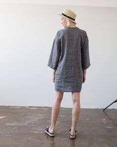 "Easy as a Sunday morning loose linen tunic in a mysterious Dim Gray color. Tailored from Lithuanian softened linen fabric it has a V neck, 3/4 sleeves and comfortable side pockets. Ideal clothing piece for your weekend relaxation. FABRIC: 100% Laundered Lithuanian Linen COLOR: Please choose the color on the side menu. STYLE: Loose linen V neck tunic dress with 3/4 sleeves and handy side pockets. SIZE CHART: XS Bust 28- 31\" (72- 79 cm) Waist 20- 22.5\" (51- 58 cm) Hips 31.5 -34.5\" (80- 87 cm) Fitted Linen Tunic For Summer, Relaxed Fit Tunic Dress Unlined, Sleeveless Linen Dress, V Neck Tunic, Linen Tunic Dress, Linen Shift Dress, Linen Crop Top, Dim Gray, Linen Crops