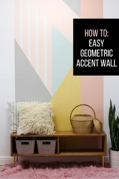 a wooden shelf with baskets on it and the words how to easy geometric accent wall