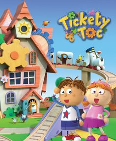 the cartoon characters are playing in front of their toy house and play with it's slide