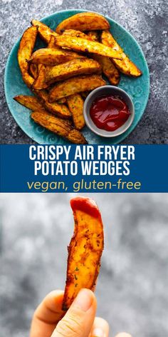 crispy air fryer potato wedges on a plate with ketchup and sauce