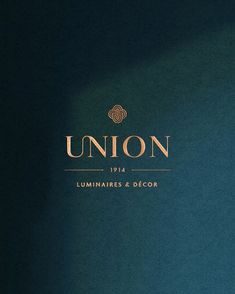 the logo for union furnitures & decor on a blue and green background with gold lettering