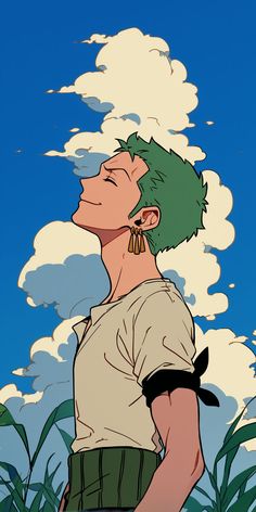 an anime character with green hair standing in front of clouds and grass, looking up at the sky