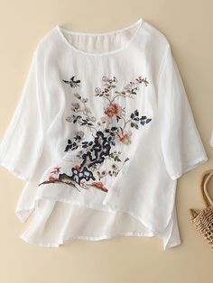 White Crew Neck Blouse With Floral Embroidery, Spring Vacation Embroidered Shirt, White Floral Embroidery Relaxed Fit Top, White Floral Embroidered Relaxed Top, White Floral Embroidered Relaxed Fit Top, Casual Shirt With Floral Embroidery For Vacation, White Embroidered Beach Shirt, White Casual Embroidered Top With Floral Print, Casual White Embroidered Top With Floral Print