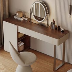 a dressing table with a mirror and stool