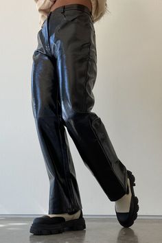 l Patent Faux Leather Pants  l 55% PU, 45% Viscose    * MODEL IS 5'3″ AND IS WEARING A SMALL. Womens Trousers, Womens Pants, Faux Leather Pants, Staple Pieces, Quality Clothing, Trousers Women, Black Pants, Everyday Essentials Products, Vegan Leather