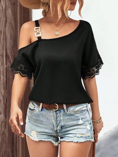 Black Casual Collar Short Sleeve Woven Fabric Plain Top Embellished Non-Stretch  Women Clothing Fashion Tops Blouse Style, Lace Tshirt, Trendy Blouses, Guipure Lace, Stylish Dress Designs, Women Blouses, Yellow Fashion