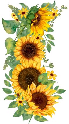 a painting of sunflowers and leaves on a white background