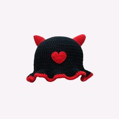 ♡ Be devilishly cute and unique with our handmade Heart Horn Bucket Hats. The crochet quality and unique style of our hats will have you standing out from the crowd.  ♡ Our hats are made with love and care, using a cotton blend with acrylic that is both comfortable and firm. Don't forget, our hats can be customized to suit your unique style. ♡ Sizes:  - Small: for small child with head circumference of 18"- 21"  - Large: for big kid to an adult with head circumference of 22" and above. ♡ Looking Handmade Black Gothic Costume Hats And Headpieces, Handmade Black Crochet Hat With Curved Brim, Handmade Black Mini Hats For Winter, Handmade Black Brimmed Crochet Hat, Handmade Black Crochet Hat With Brim, Handmade Black Mini Winter Hats, Cute Adjustable Black Crochet Hat, Handmade Black Crochet Hat For Festivals, Black Handmade Crochet Hat For Festivals