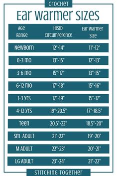 the measurements for ear warmer sizes are shown in blue, white and green colors with text on