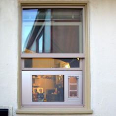 a cat sitting on the window sill in front of a building with its reflection