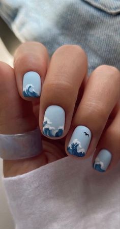 Beach Themed Nails Short, White French Nails, Wave Nails, Unghie Nail Art, Trending Ideas, Nail Tape, Long Hairstyle, Easy Nails, Trending Pins