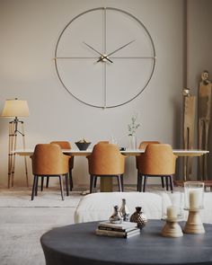 a living room filled with furniture and a large clock on the wall above it's head