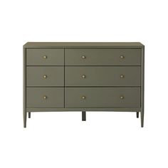 a grey dresser with gold knobs on the top and bottom drawers, against a white background