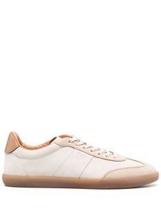 ecru/light beige calf suede colour-block panelled design round toe debossed logo to the side logo-debossed tongue contrasting branded heel counter padded ankle branded leather insole leather lining contrasting rubber sole interchangeable laces front lace-up fastening Cream Sneakers With Embossed Logo And Round Toe, Beige Lace-up Sneakers With Embossed Logo, Cream Suede Sneakers With Rubber Sole, Classic Beige Sneakers With Rubber Sole, Cream Calf Leather Sneakers With Textured Sole, Casual Cream Sneakers With Embossed Logo, Beige Calf Leather Sneakers With Rubber Sole, Classic Cream Suede Sneakers, Classic Beige Sneakers With Textured Sole