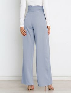 Blue Wide Leg High Waist Pocket Pants with Belt Light Blue Wide-leg Pants With Pockets, Light Blue Wide-leg Pants, Blue High-waisted Bottoms With Side Pockets, High Waist Blue Bottoms With Side Pockets, Chic Solid Blue Pants, Chic Blue Solid Color Pants, Light Blue Wide-leg Pants For Work, Light Blue Wide Leg Pants With Pockets, Light Blue High Waist Workwear Pants