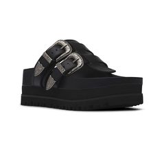 in stock Black Double Strap Footbed Sandals For Spring, Black Adjustable Platform Footbed Sandals, Adjustable Black Platform Footbed Sandals, Chic Black Footbed Sandals With Buckle Closure, Black Sandals, In Store, Pick Up, Buy Online, Sandals