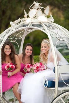 three beautiful women in pink dresses sitting on a white horse drawn carriage with two bridesmaids