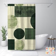 a green and white shower curtain with circles on it in a modern style bathroom setting