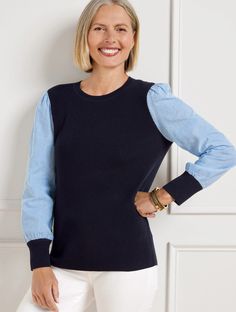 Woven Sleeve Crewneck Pullover | Talbots Dressed For My Day, Colors Of Fall, Talbots Sweater, Women Over 50, Knit Crewneck, Sweater Pullover, Winter 2023, Fashion Seasons