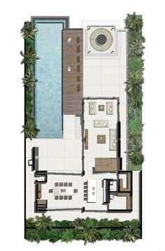 an aerial view of the floor plan of a house with swimming pool and outdoor furniture