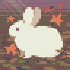 a white rabbit sitting on top of a wooden floor next to an orange and purple background