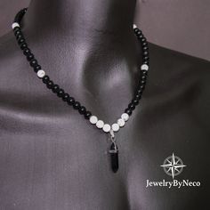 Natural Howlite Necklace With Onyx Pendant, Gemstone Beaded Necklace for Men and Women, Adjustable Protection Necklace, Cool Boho Necklace 🔵 The necklace in the photos is 23 inches. 🔴 There's definitely one for you. The necklace you are looking at has a stylish and unique design. Click to take a look at all the necklaces that will complete your elegance; 🔷 https://jewelrybyneco.etsy.com 🔷 🔵 Presented as stylish jewelry and produced using the highest quality natural stone beads, all of the necklaces are adjustable. Crystal natural stone jewelry are jewelry designs that are generally popular due to their aesthetic and metaphysical properties. It is a great option as a gift. Associating natural stones with energy is generally based on personal beliefs, cultural background or mystical app Beaded Necklace For Men, Howlite Necklace, Mens Beaded Necklaces, Handmade Beaded Necklace, Natural Stone Necklace, Necklace Mens, Onyx Pendant, Mens Necklace, Handmade Beaded Necklaces